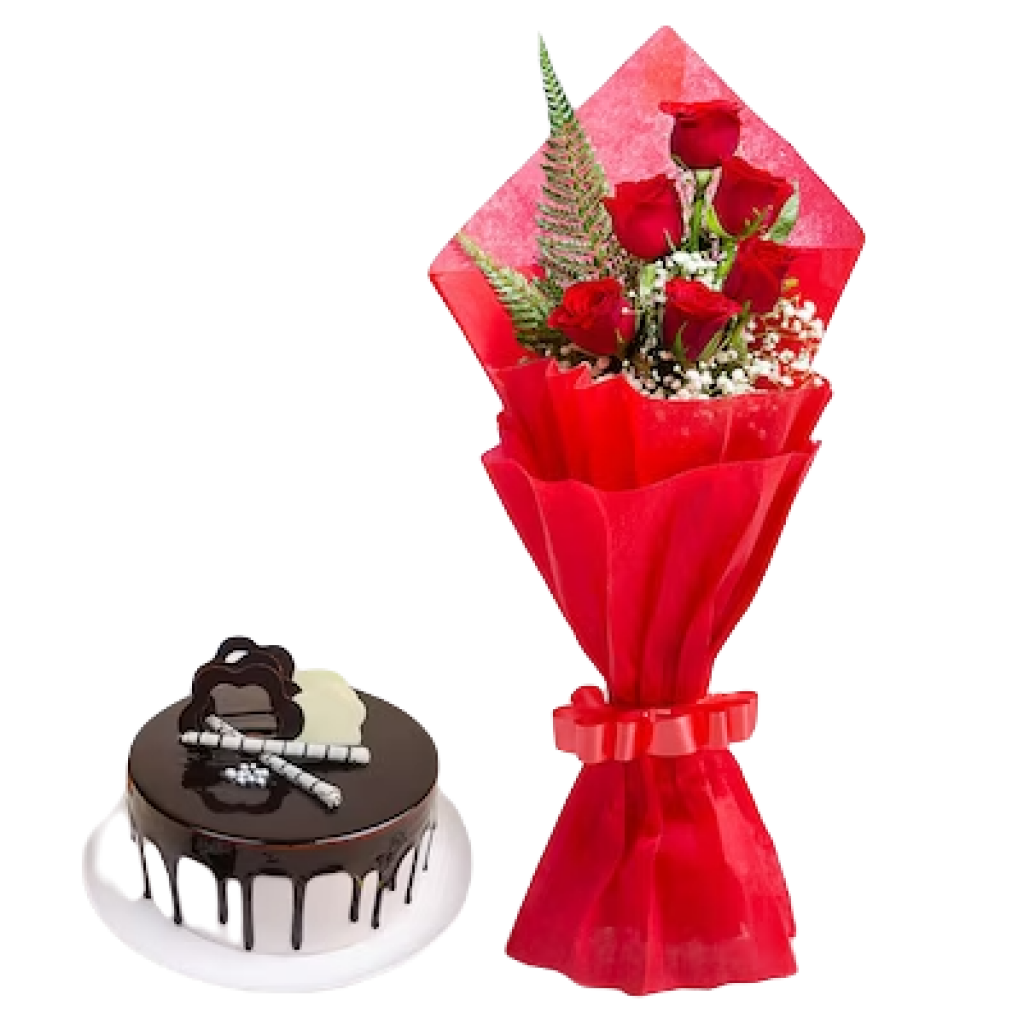 Red Roses with Chocolate Cake