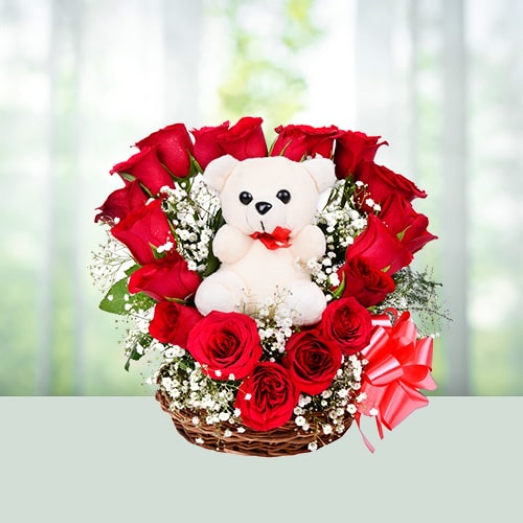 Valentine Day Flowers with Teddy Bear Combo