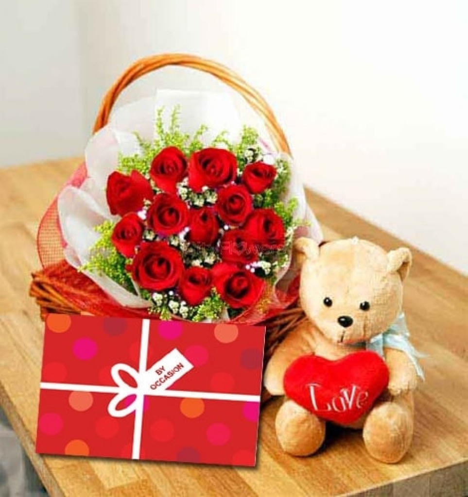 Valentine Day Flowers with Teddy Bear Combo