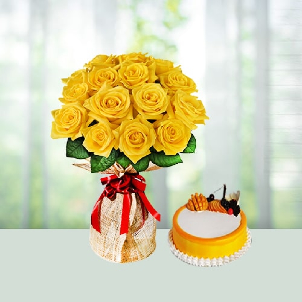 Valentine Day Flowers with Cake Combo