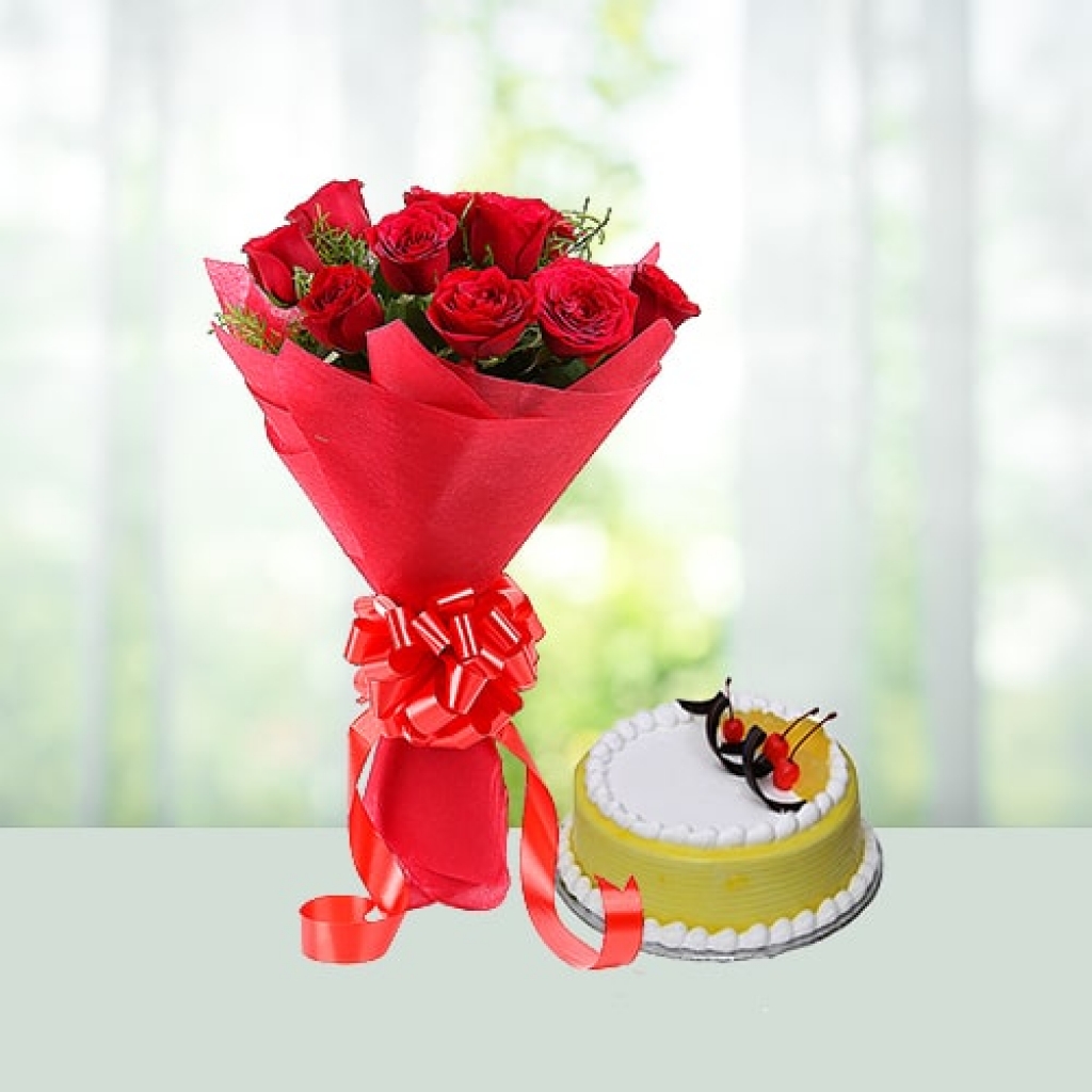 Valentine Day Flowers with Cake Combo
