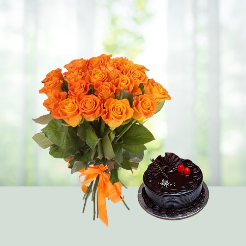Valentine Day Flowers with Cake Combo