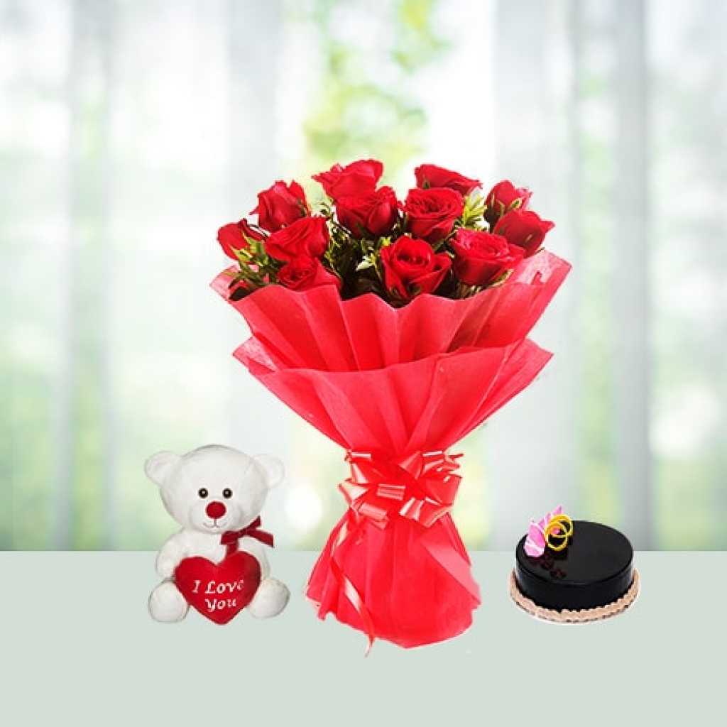 Valentine Day Flowers with Cake with Teddy Combo