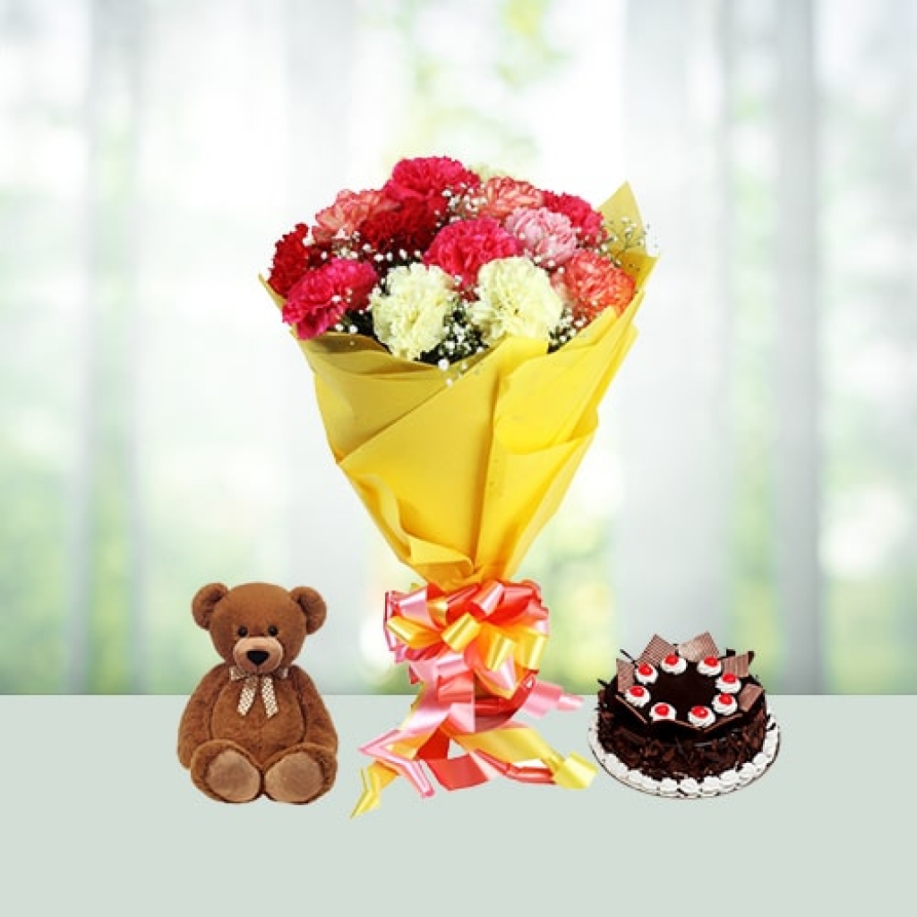 Valentine Day Flowers with Cake with Teddy Combo