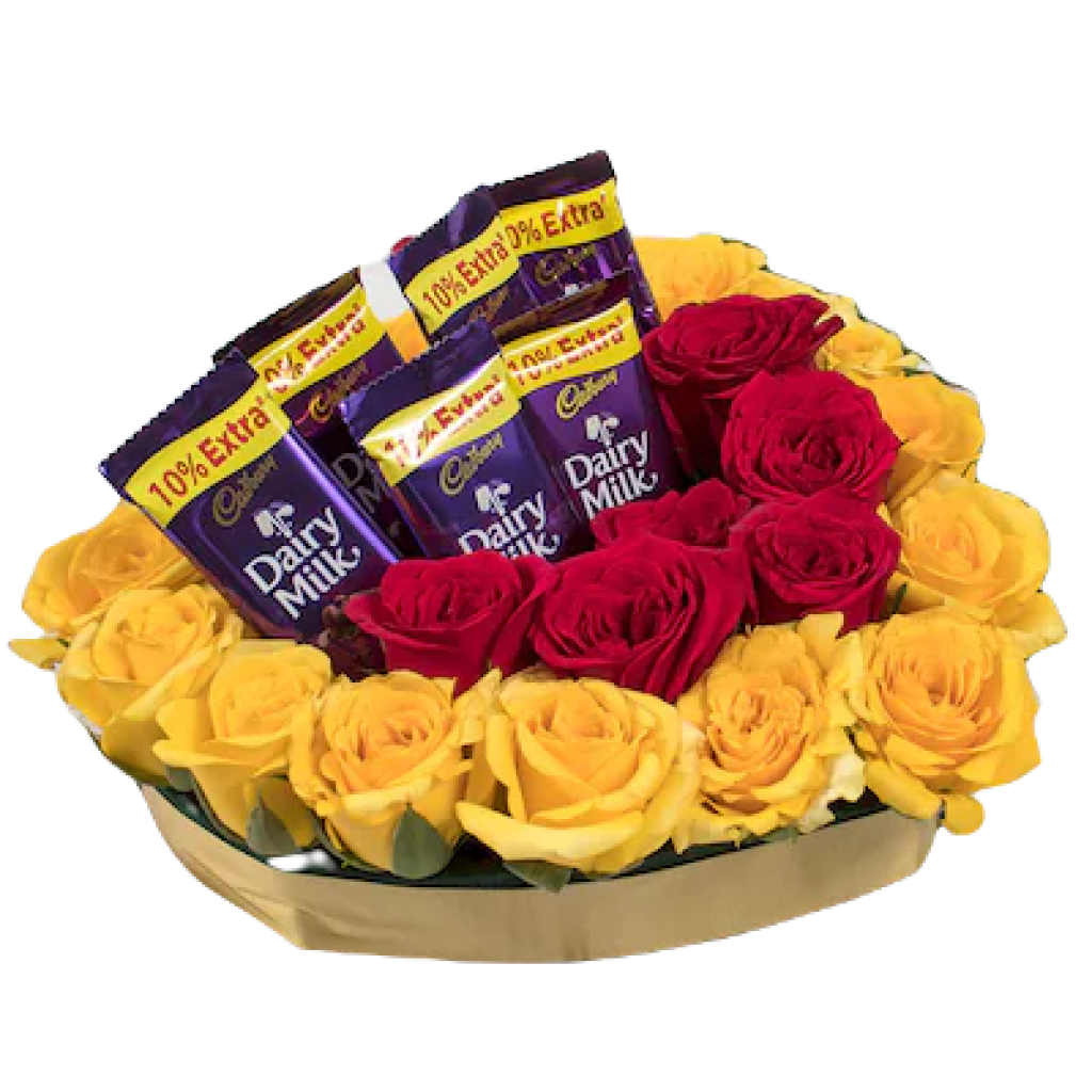 Yellow and Red Roses Chocolate Basket