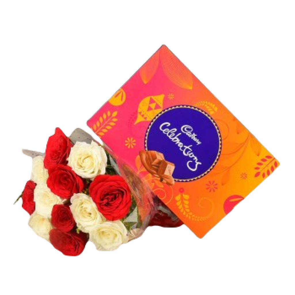 white and red roses with cadbury celebration