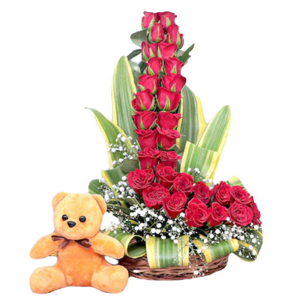 Teddy and Red Roses Basket