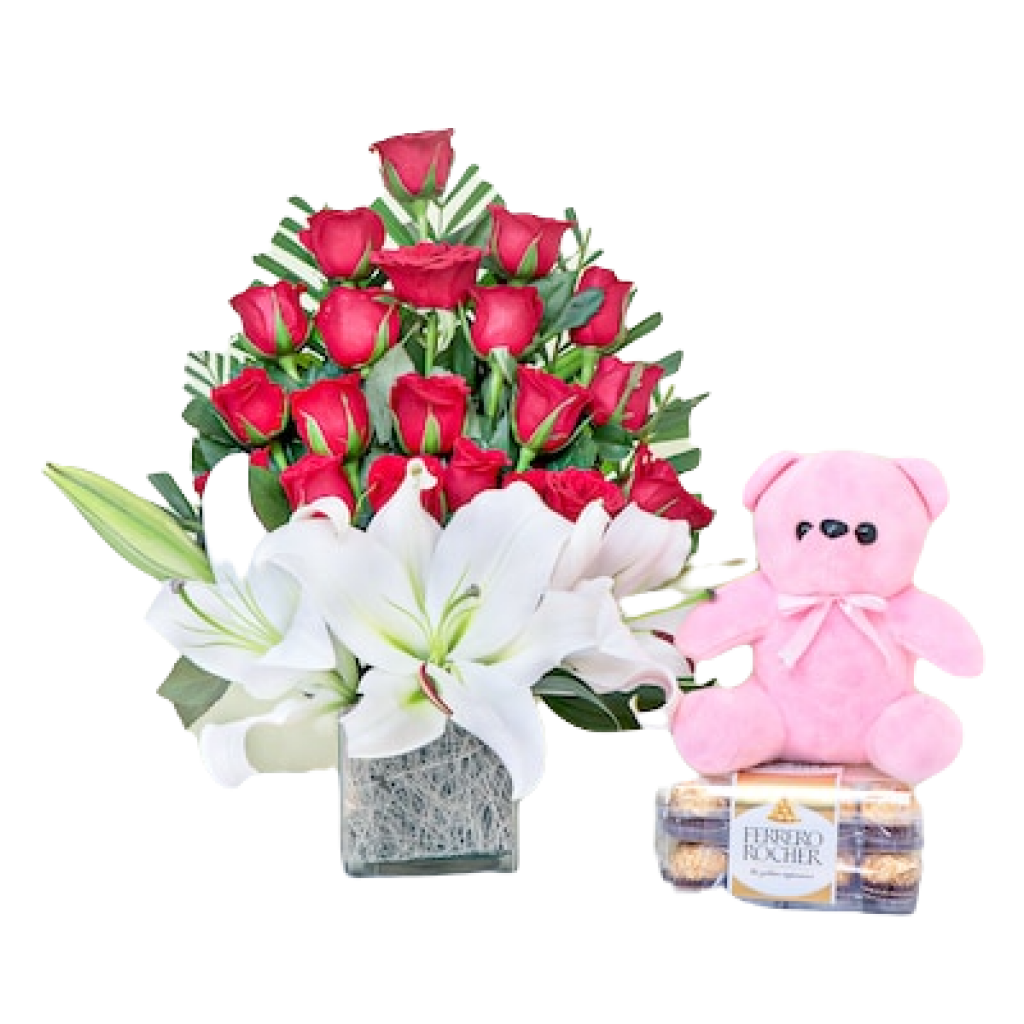 Glass Vase Lilies Bouquet with Teddy