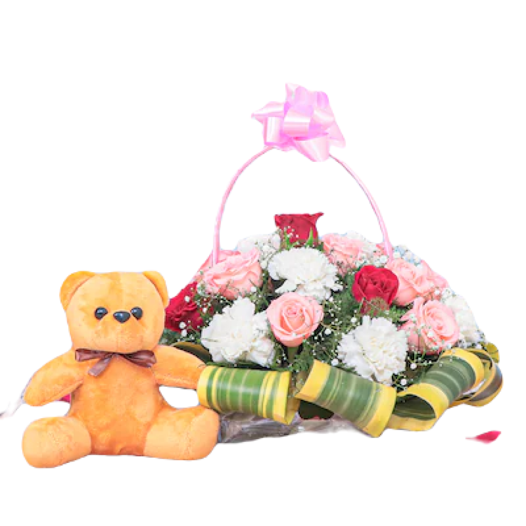 Valentine day combo flowers and teddy