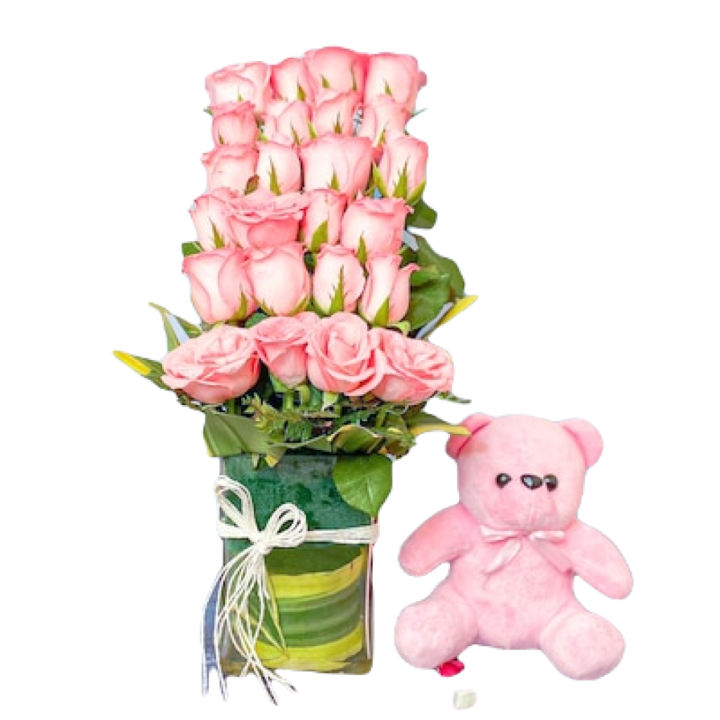 Pink Roses in Glass Vase