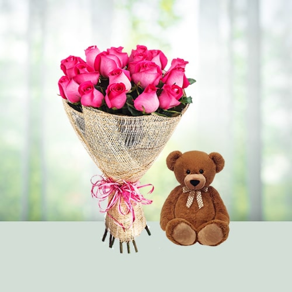 Valentine Day Flowers with Brown Teddy Bear Combo