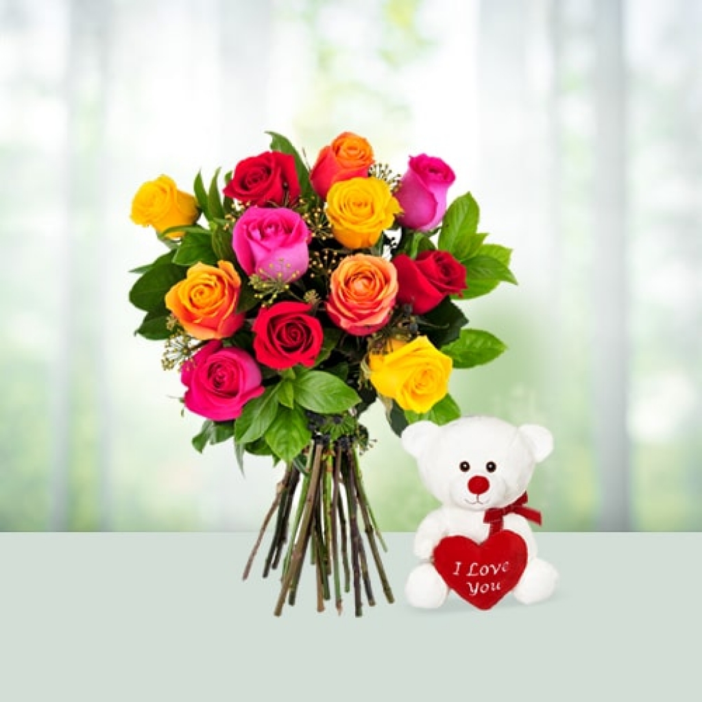 Valentine Day Flowers with Teddy Bear Combo