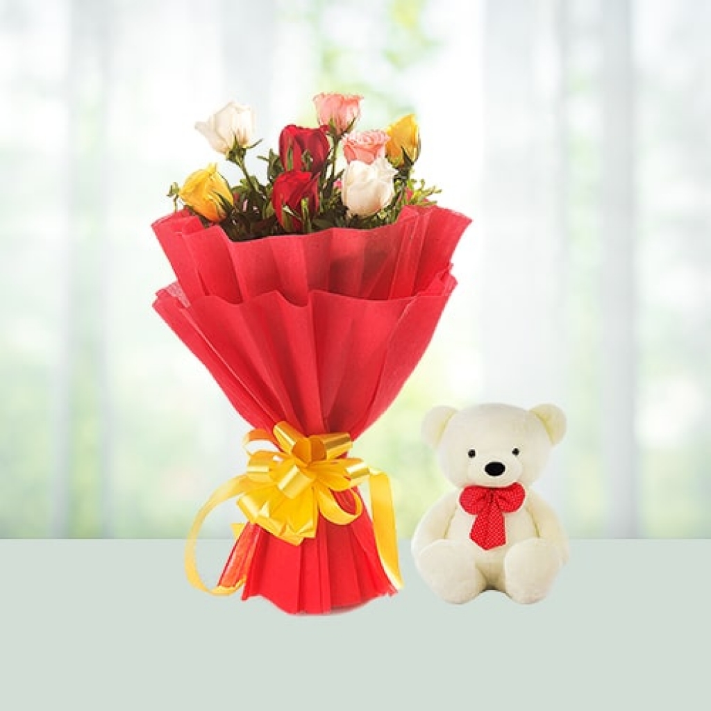Valentine Day Flowers with Teddy Bear Combo
