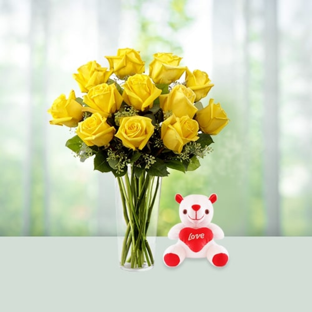 Valentine Day Flowers with Teddy Bear Combo