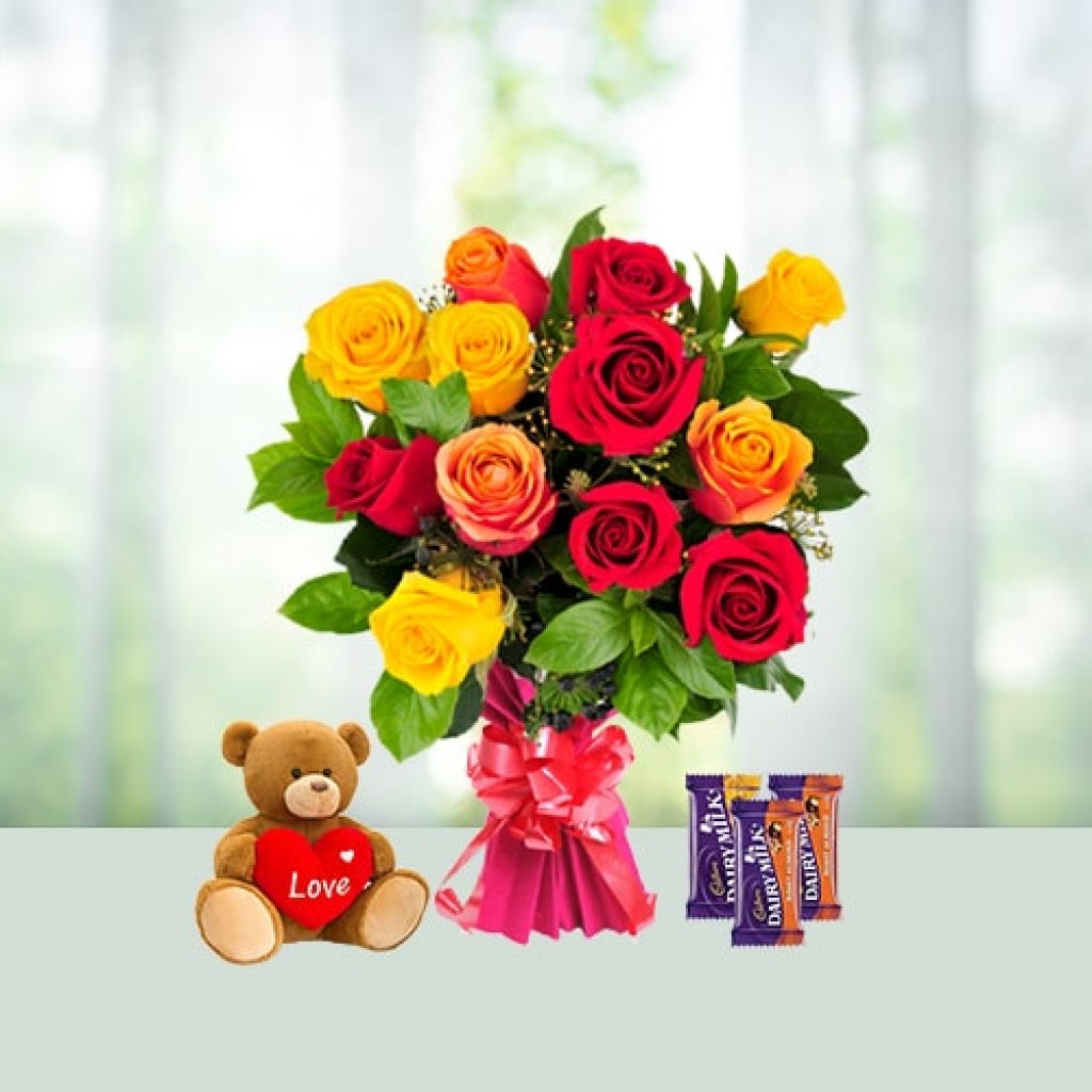 Valentine Day Flowers with Brown Teddy Bear Combo