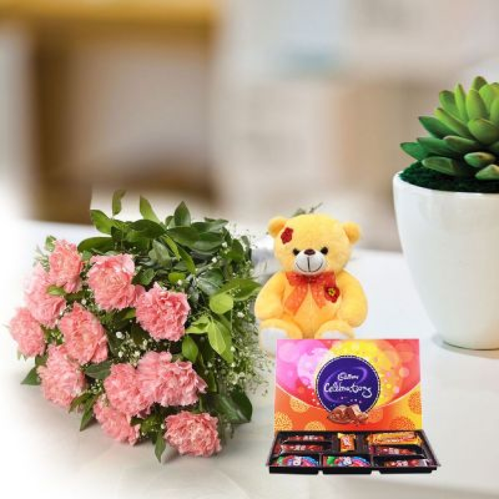 Women's Day Flowers with Chocolate Cake with Teddy bear Combo