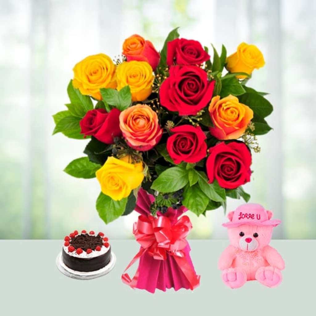 Valentine Day Flowers with Cake with Teddy Combo