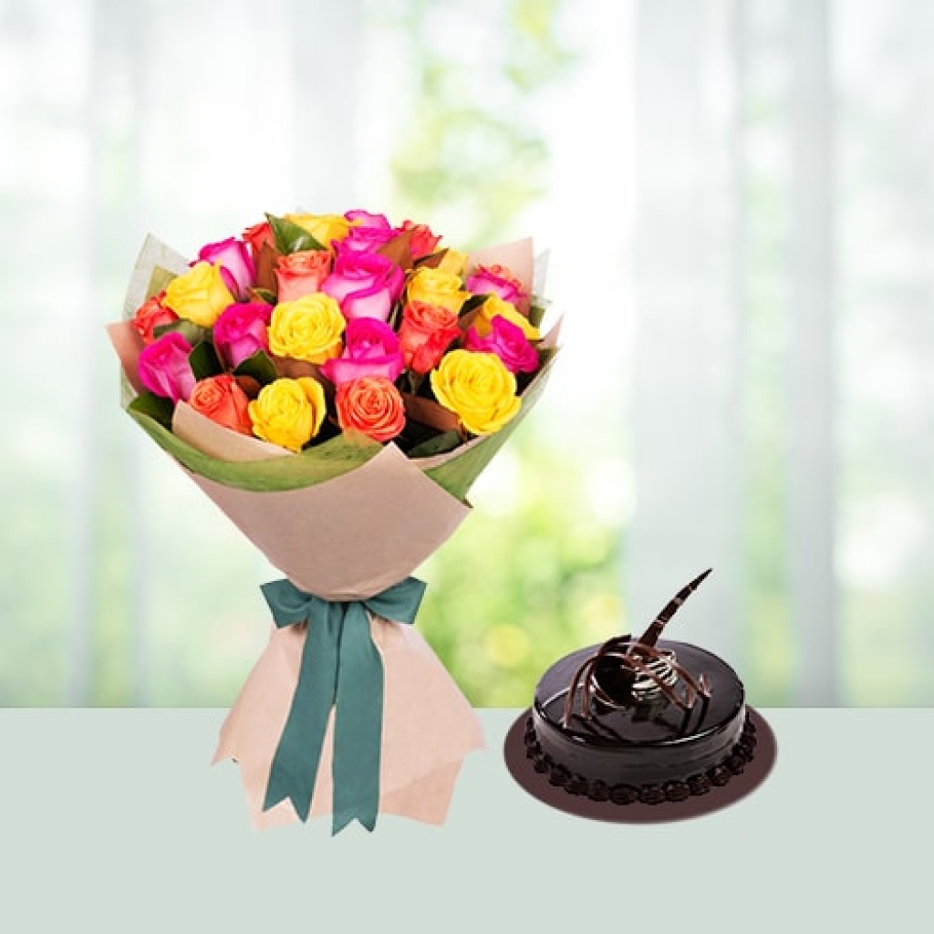 Valentine Day Flowers with Cake Combo