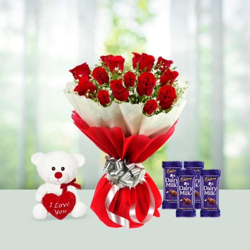 Valentine Day Flowers with chocolates with teddy combo