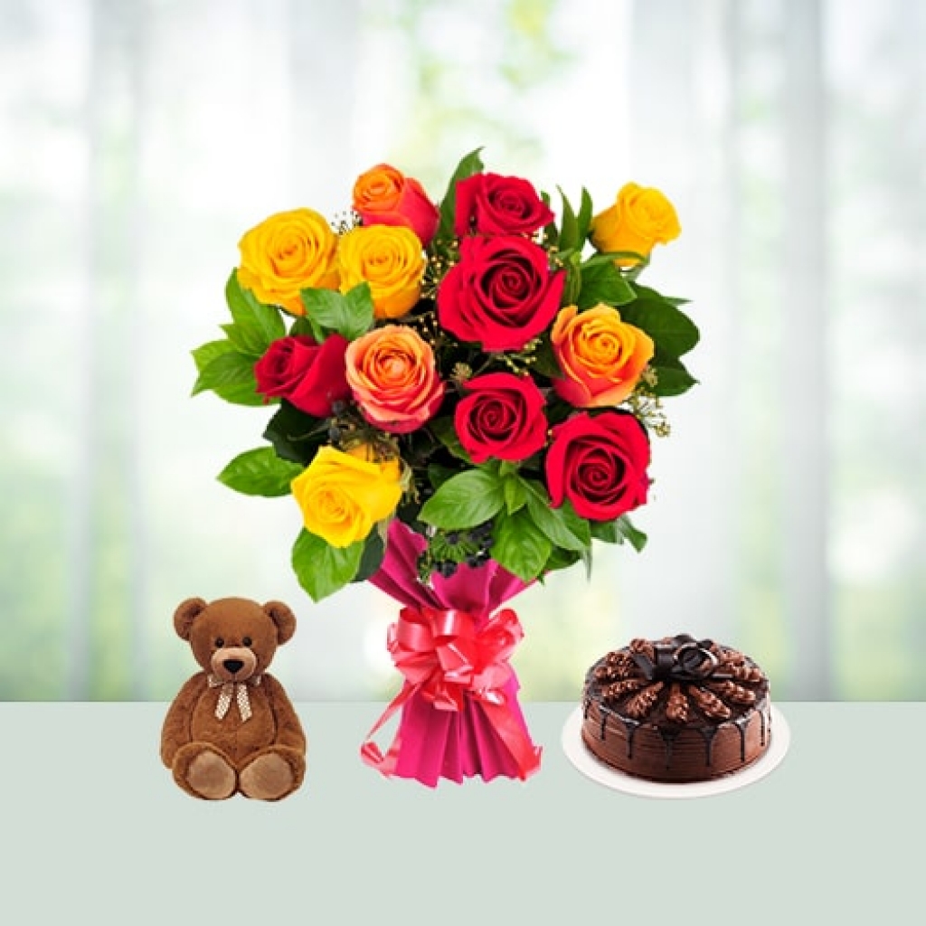 Valentine Day Flowers with Cake with Teddy Combo