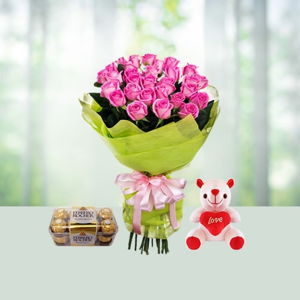 Valentine Day Flowers with with Chocolate Teddy Combo