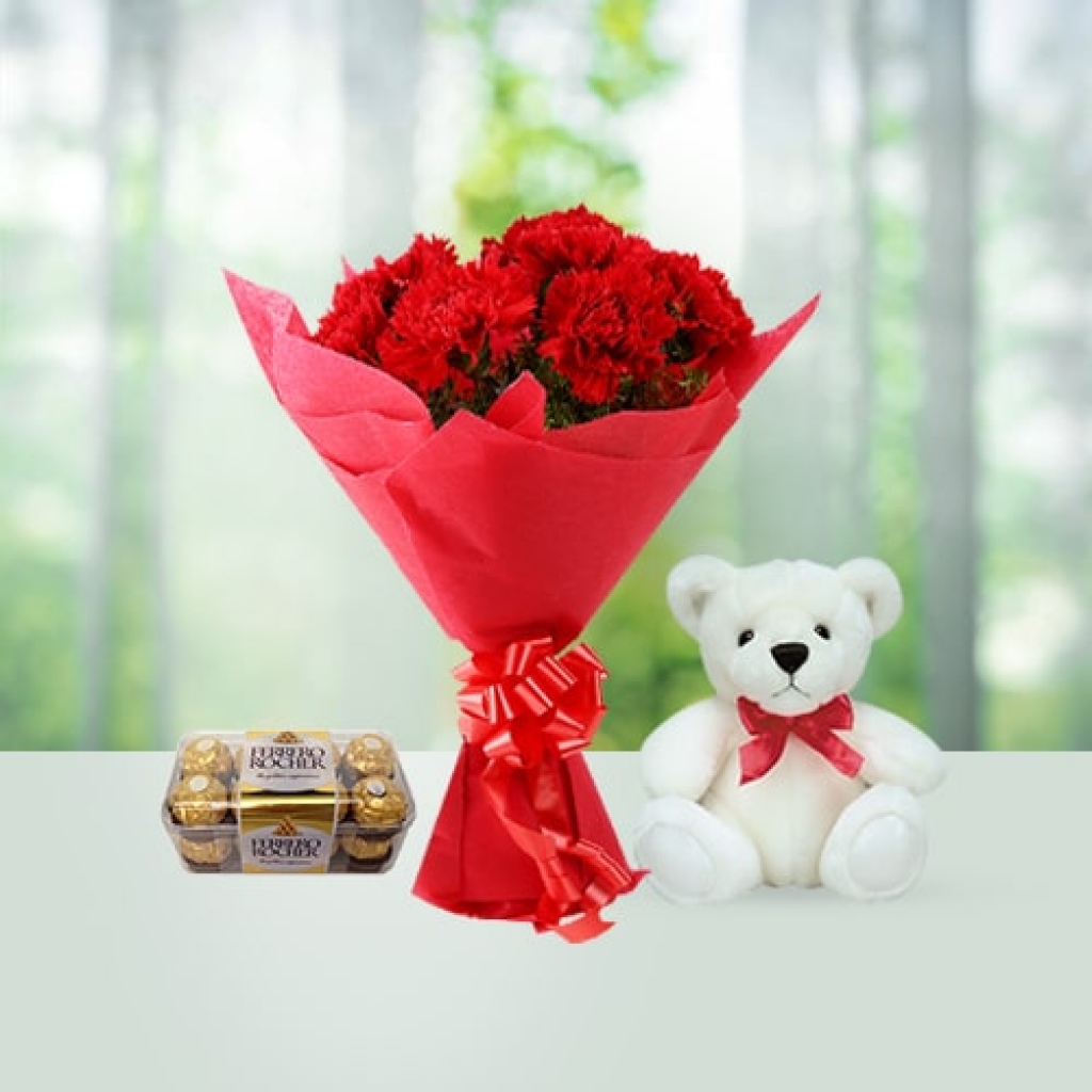 Valentine Day Flowers with chocolates with teddy combo