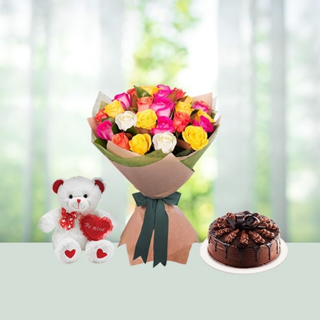 Valentine Day Flowers with Cake with Teddy Combo