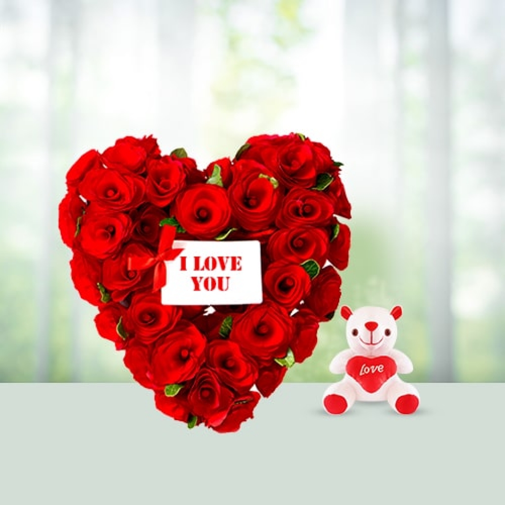 Valentine Day Flowers with Teddy Bear Combo