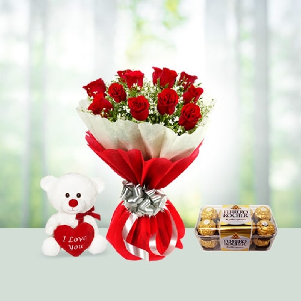 Valentine Day Flowers with chocolates with teddy combo