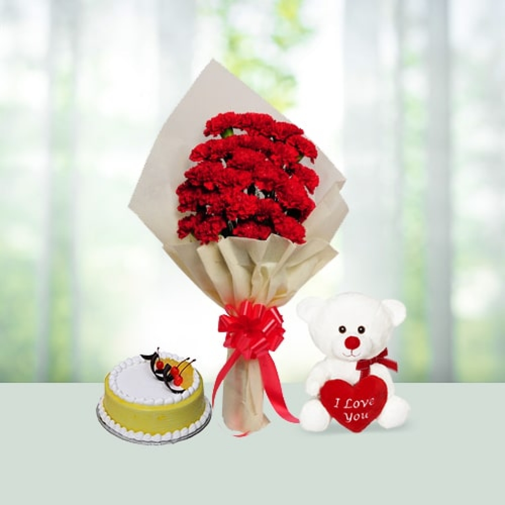 Valentine Day Flowers with Cake with Teddy Combo