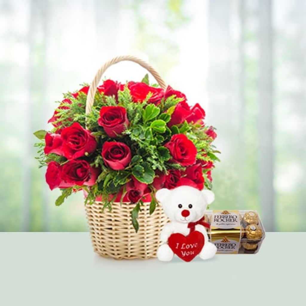 Valentine Day Flowers with chocolates with teddy combo