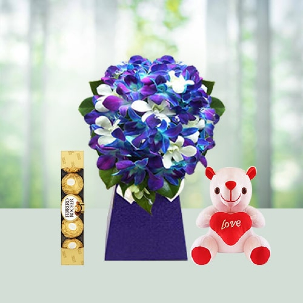 Valentine Day Flowers with chocolates with teddy combo