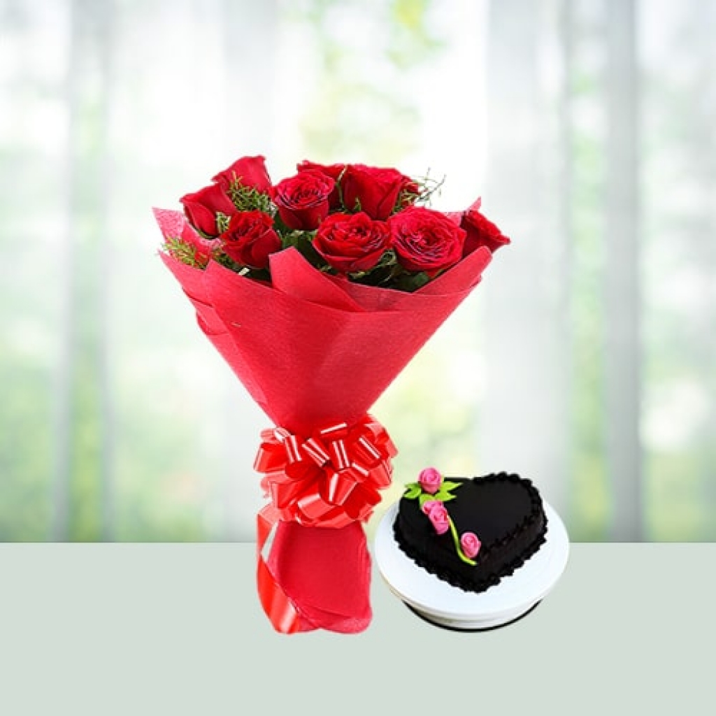 Valentine Day Flowers with Cake Combo