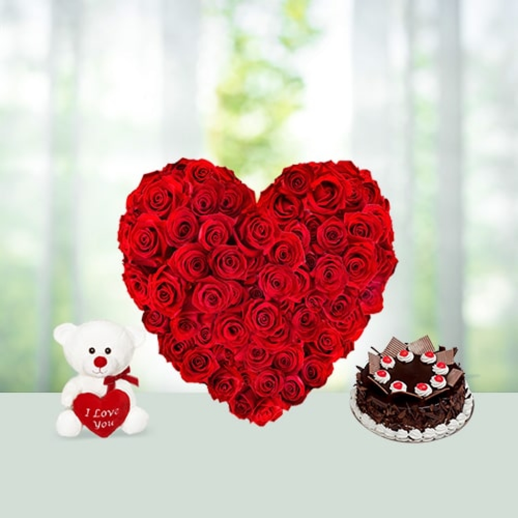 Valentine Day Flowers with Cake with Teddy Combo