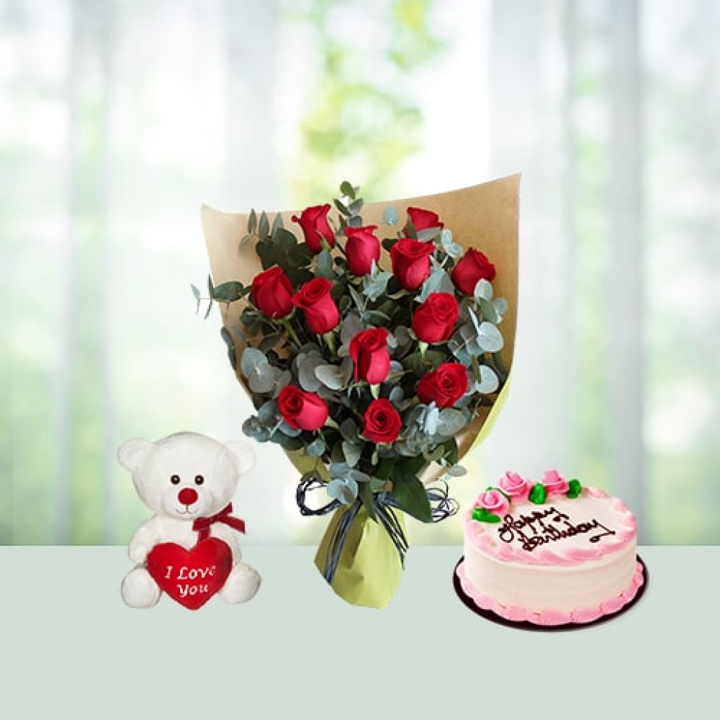 Valentine Day Flowers with Cake with Teddy Combo