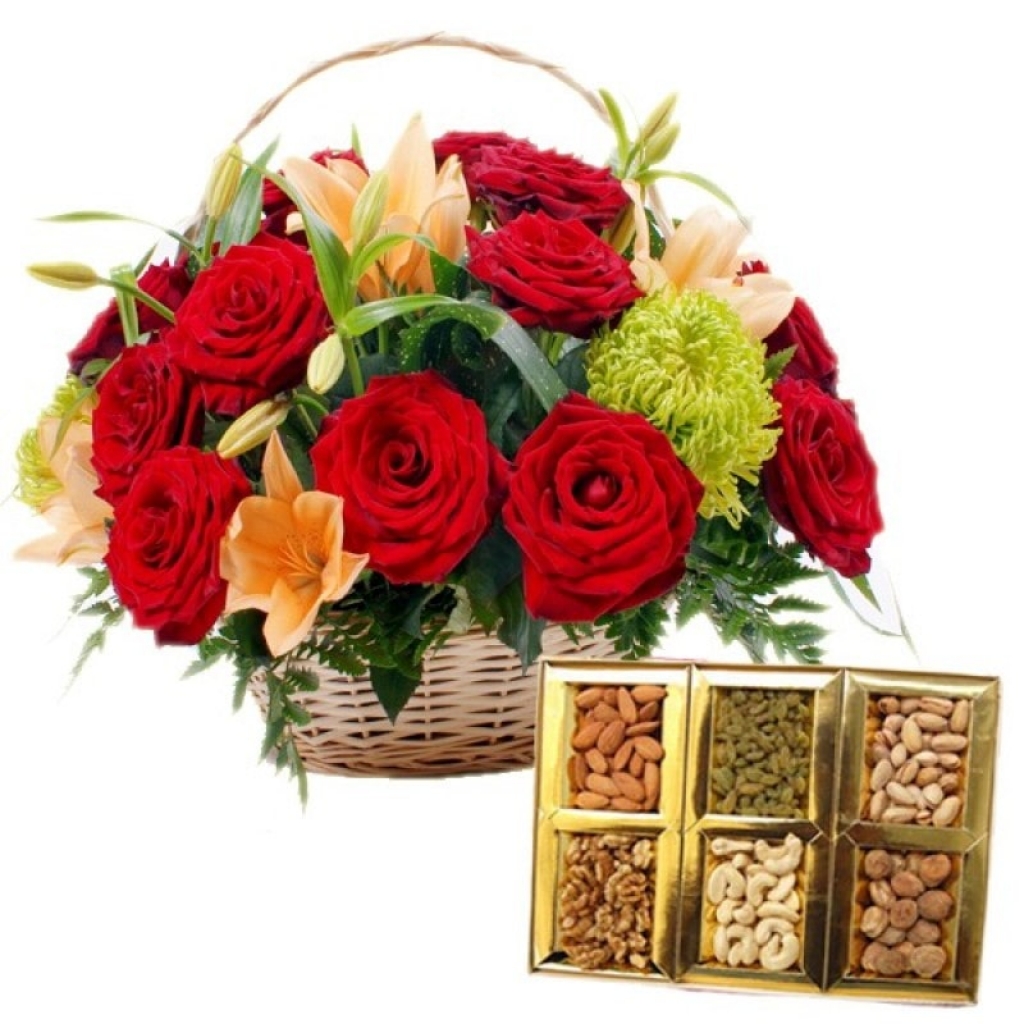 Valentine Day Flowers with Dry Fruit Combo