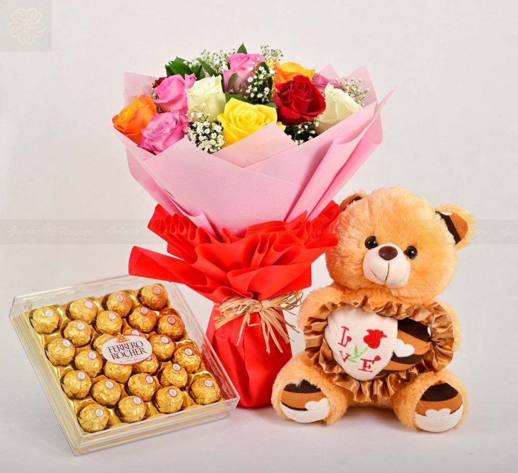 Flowers with chocolates and teddy combo