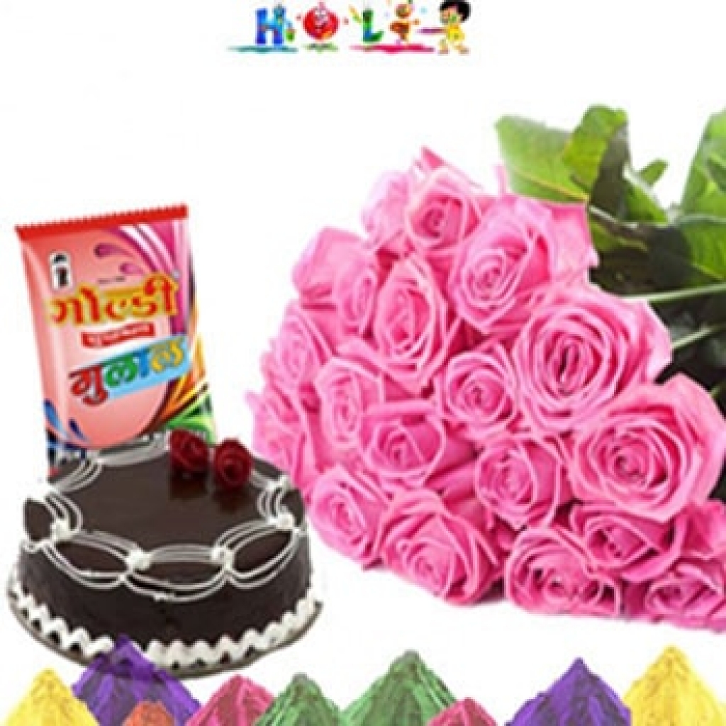 Holi Pink Roses With Cake